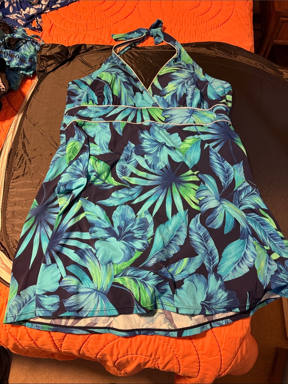 Islander Halter One-Piece Swim Dress - Blue & Green Floral